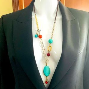 Beautiful long necklace silver & gold tone chain blue real turquoise stones